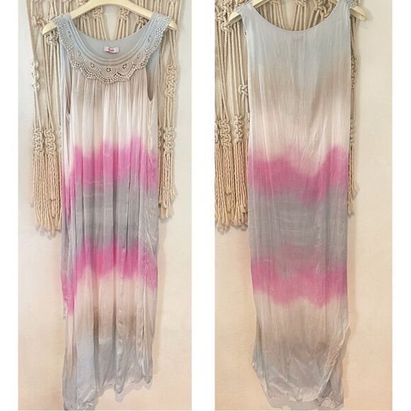 Boho Tie-Dye Maxi Dress MED – Crochet Yoke Sleeveless Flowy Festival Dress Silk - Picture 1 of 9